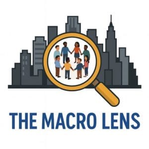 The Macro Lens logo with a magnifying glass highlighting a diverse group of people in front of a city skyline, symbolizing macro social work advocacy and community change.